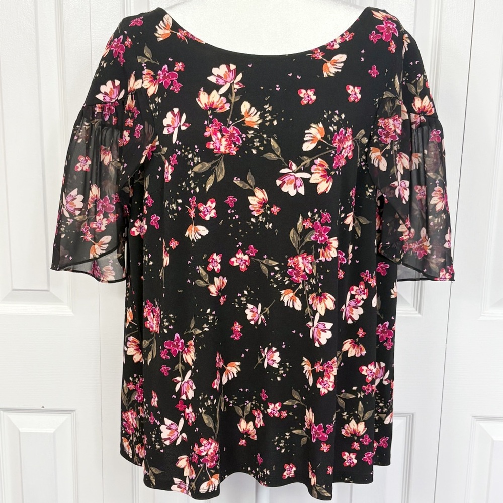 Roz & Ali Black Multi Floral Whimsigoth Fairy Sheer Sleeve Blouse 1X